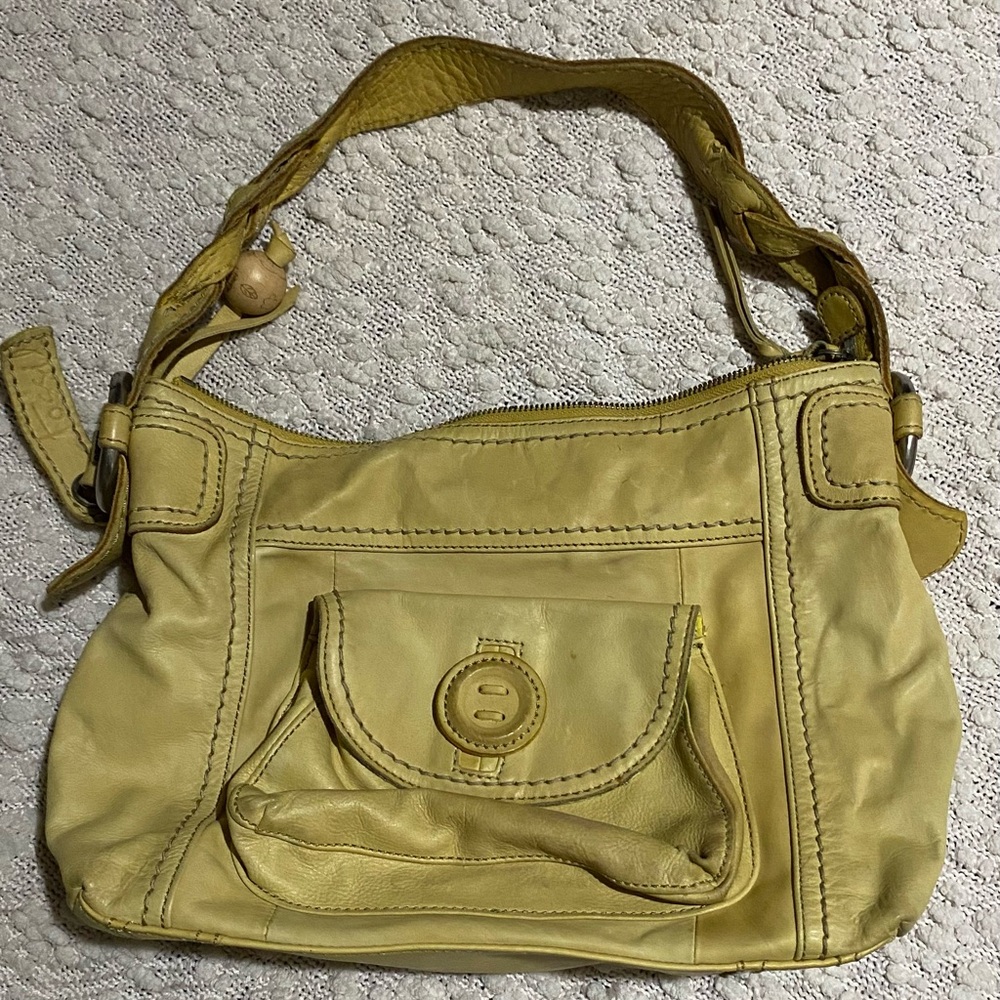 Fossil Yellow Purse Leather Strap Hobo Bag Braided Handles Retro